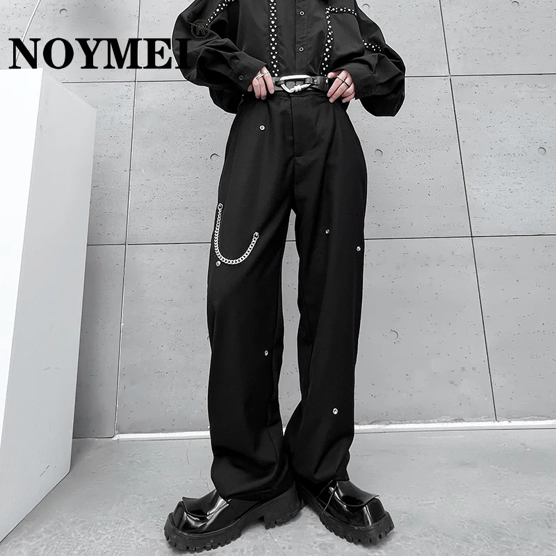 NOYMEI Spring Summer New Black Suit Pants Men Metal Chain  High Waist Solid Color Temperament Loose Casual Trousers WA5409