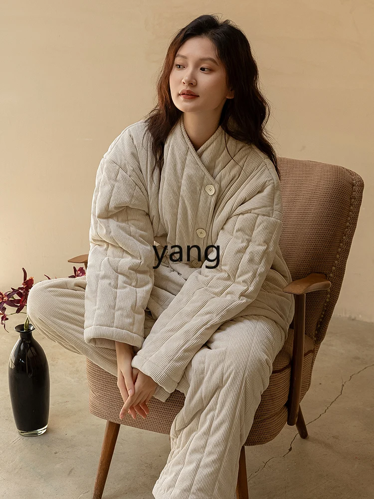 LMM new three-layer padded Chinese coral fleece thickened loungewear set winter