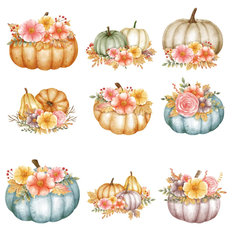 Pattern Pumpkin Patch Transferência Térmica, Artes laváveis, Adesivos requintados, Acessório DIY, Abóbora dos desenhos animados, Novo requintado, 9 Pcs