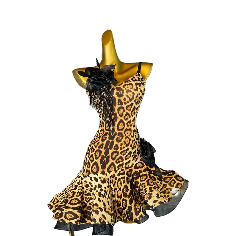 Latein-Tanzkostüm für Damen, Erwachsene und Kinder, hochwertiger, maßgeschneiderter Rock mit Leopardenmuster, präzises Tango-Performance-Kleid