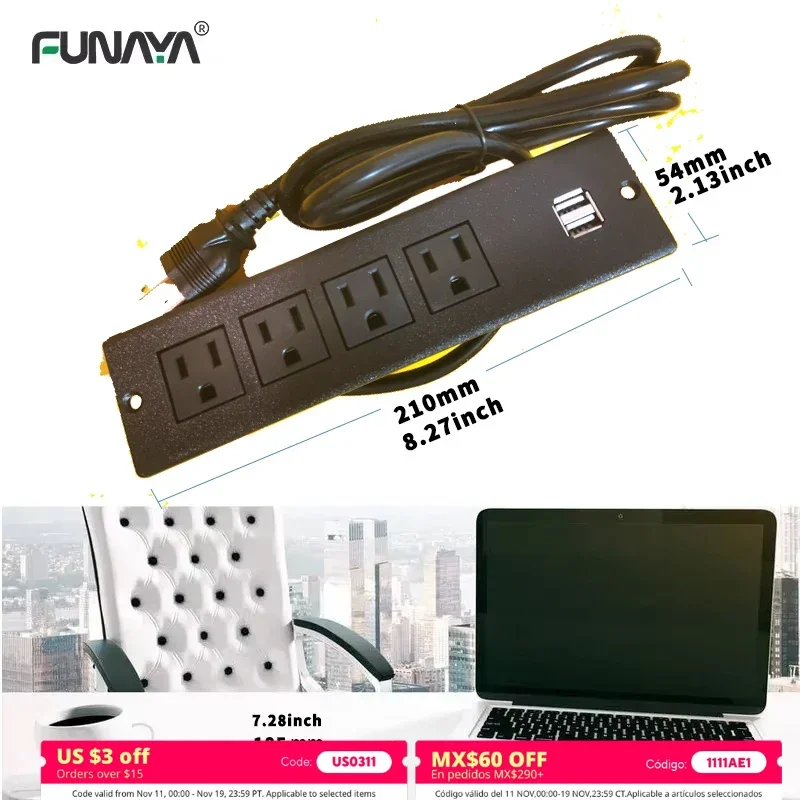 

15A US Hidden Table Socket 2 USB 4 Outlet Surface Mountable Recessed Furniture Sofa Charger Power Strip Embedded UL Desk Socket