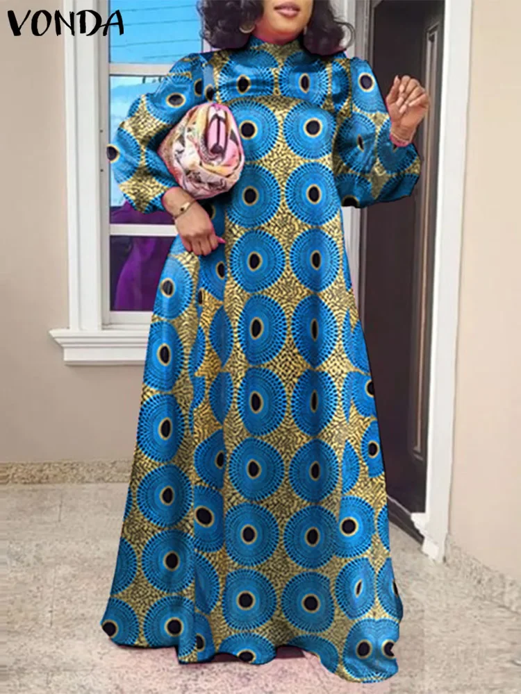 

VONDA Bohemian Maxi Dress 2024 Summer Women Long Sleeve Printed Sundress Party Long Vestido Stand Collar Casual Loose Robe Femme