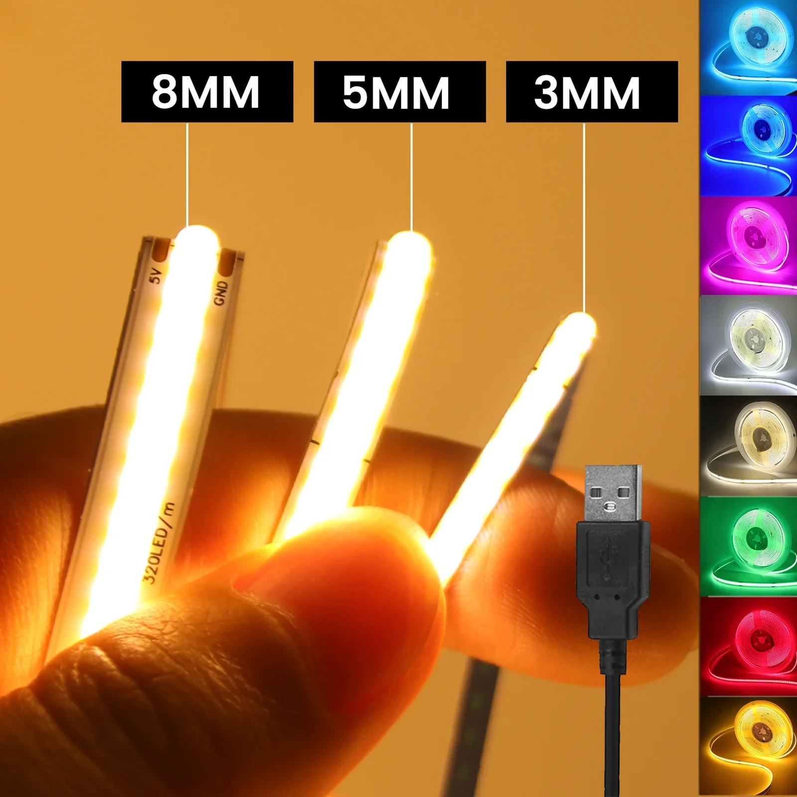 

5V USB COB Strip 3MM 5MM 8MM White/Pink/Red/White/Yellow/Yellow/Blue/Green Flexible Ribbon Rope Home Decor TV Backlight