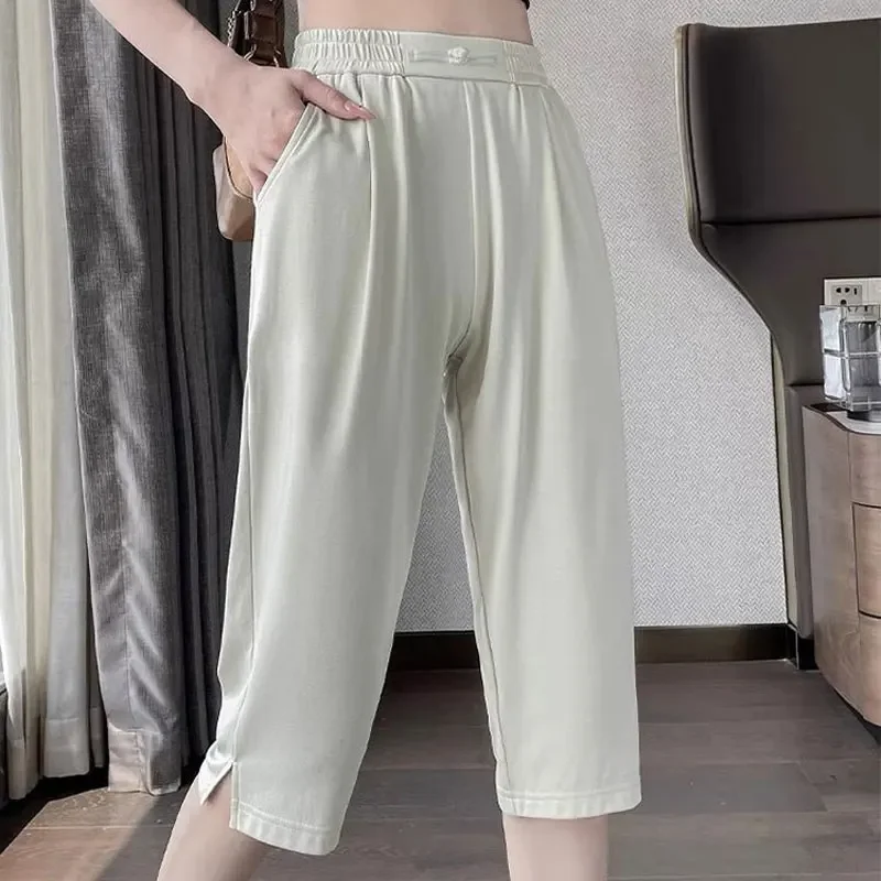 Basic zomer dunne harembroek effen kleur casual split hoge taille elastische dameskleding chique Chinese schijfbroek