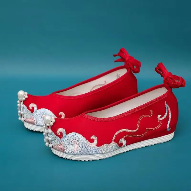 

Woman New Flat Sole Embroidered Cloth Shoes Cocked Shoes Toe Shallow Ankle Strap Ethnic Style Hanfu Shoes Red Wedding Shoes