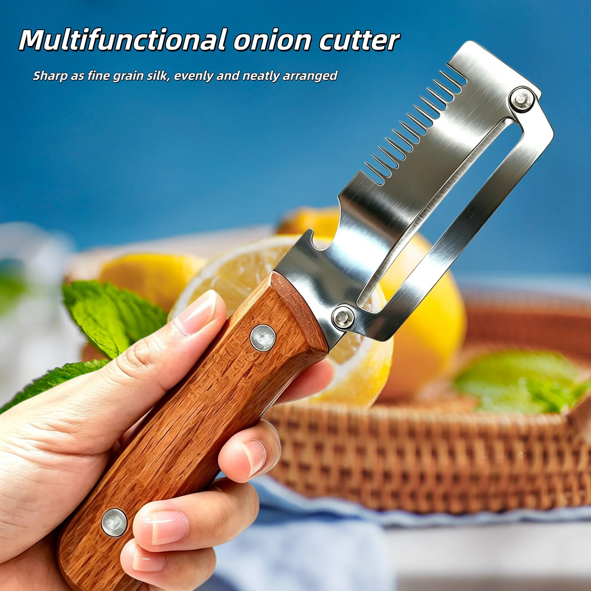 Pelador de madera de roble, tres en uno, con mango de acero inoxidable, para pelar, cortar cebollas, cortar caña de azúcar, cortar frutas, 1/2/3/5 unidades