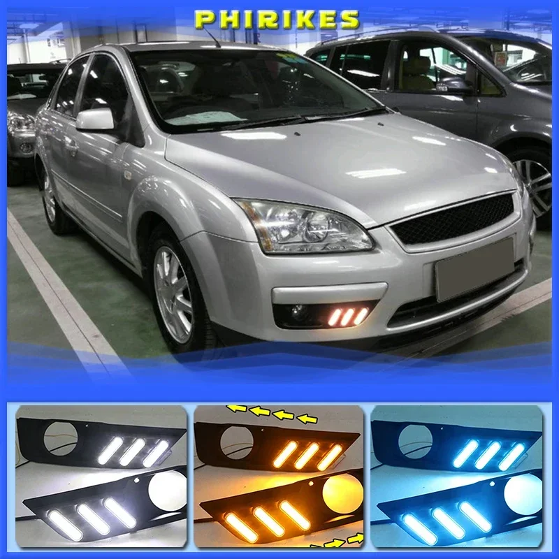 

Дневные ходовые огни для Ford Focus 2005 2006 светодиодный DRL, крышка противотуманной фары с желтым светом, 1 комплект