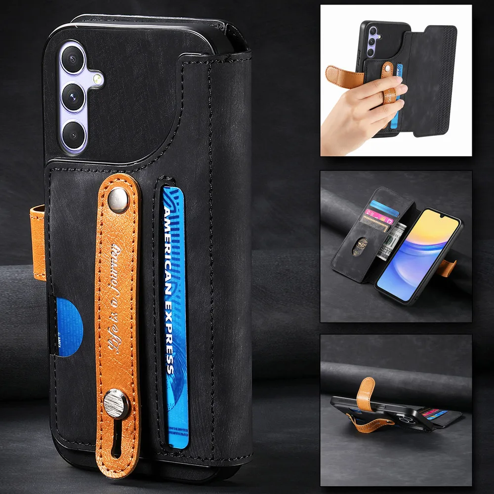 

A54 A34 A24 A14 5G 4G Wristband Leather Wallet RFID Block Case For Samsung Galaxy A54 A34 A24 A14 A04S A04E A04 Luxury Cover