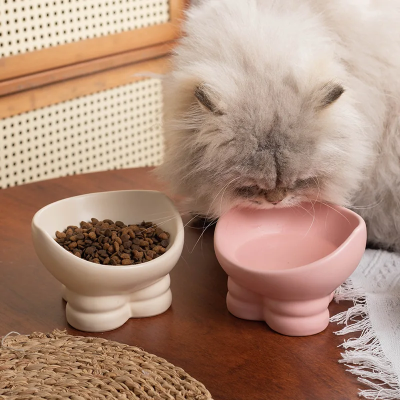 Cat bowl, ceramic food bowl, water bowl, double bowl, cervical protection, slanted mouth, cat drinking bowl, pet bowl