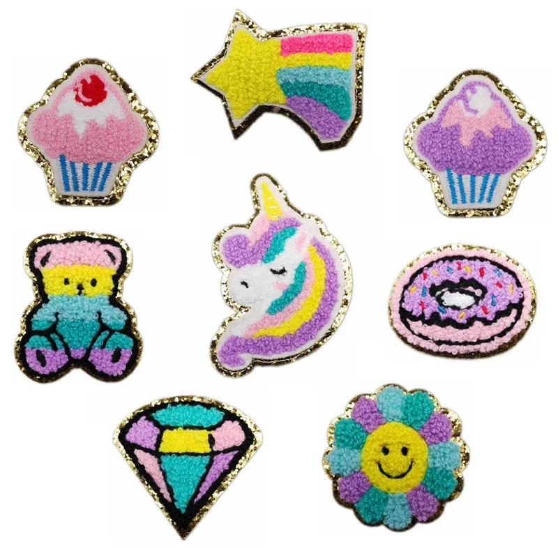 Cartoon Cake Donut Diamond Chenille Embroidery Sticker Patch for Clothes Applique Custom Towel Sticker for Hats Bags Cloth Diy