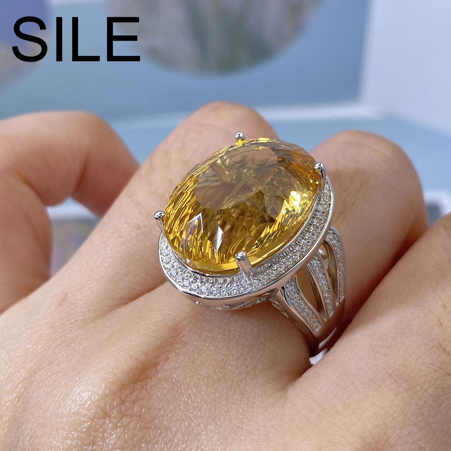 

SILE Oval Citrine Stone Rings For Women 20ct Natural Gemstones Fine Jewelry 925 Sterling Silver Ladies Wedding Engagement Rings