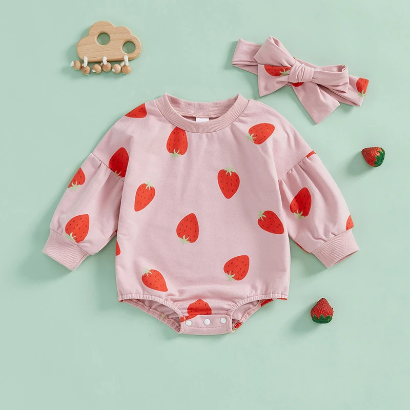 

Lovely Baby Girls Spring Autumn Rompers Long Sleeve O Neck Strawberry Print Loose Sweatshirts Romper with Headband Outfits