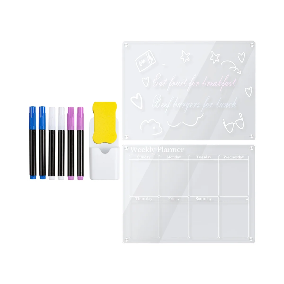 2PCS Clear 16X12in Acrylic Magnetic for Fridge,Clear Board Dry Erase Fridge for Reusable Planner with Dry Erase Markers