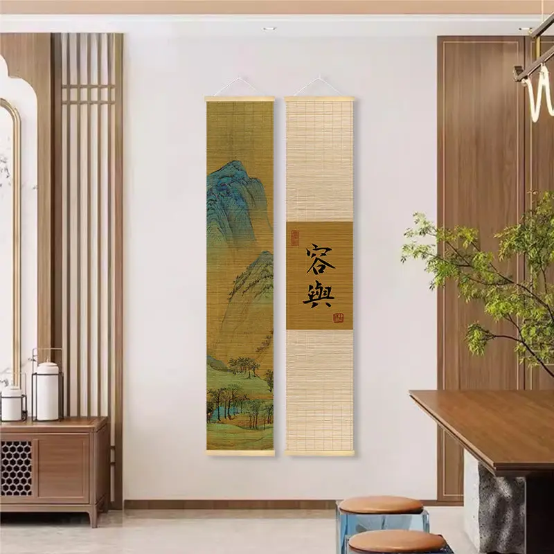 Wall Art Bamboo Scroll Paintings Green Landscape Calligraphy Zen Wabi Sabi Dopamine Detox Tea Tatami Living Entryway