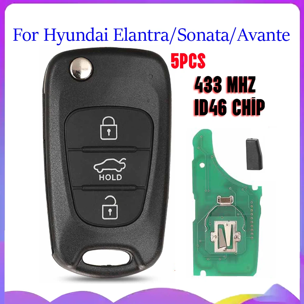 jingyuqin New 5pcs 3 Buttons 433MHZ FSK Folding Remote control car key Case Shell ID46 Chip For Hyundai Elantra/Sonata/Avante