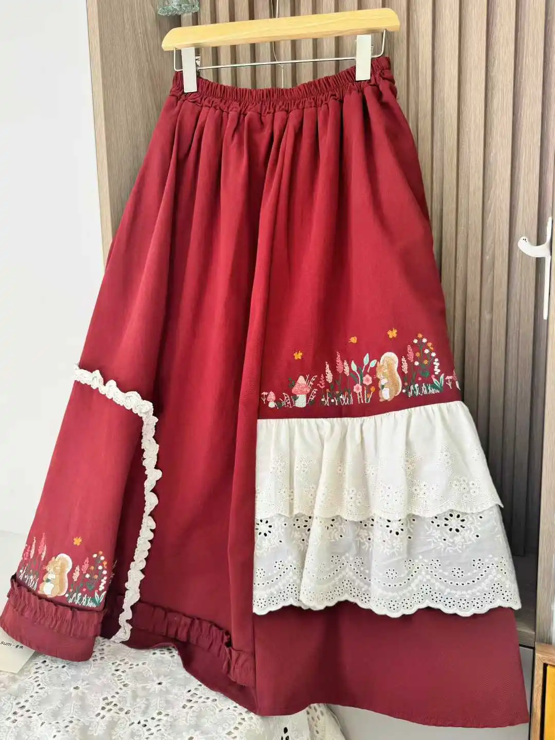 

Women Japanese Mori Girl Winter Vintage Lace Patchwork Skirt High Waist Embroidery Thick Loose A-Line Skirt Faldas