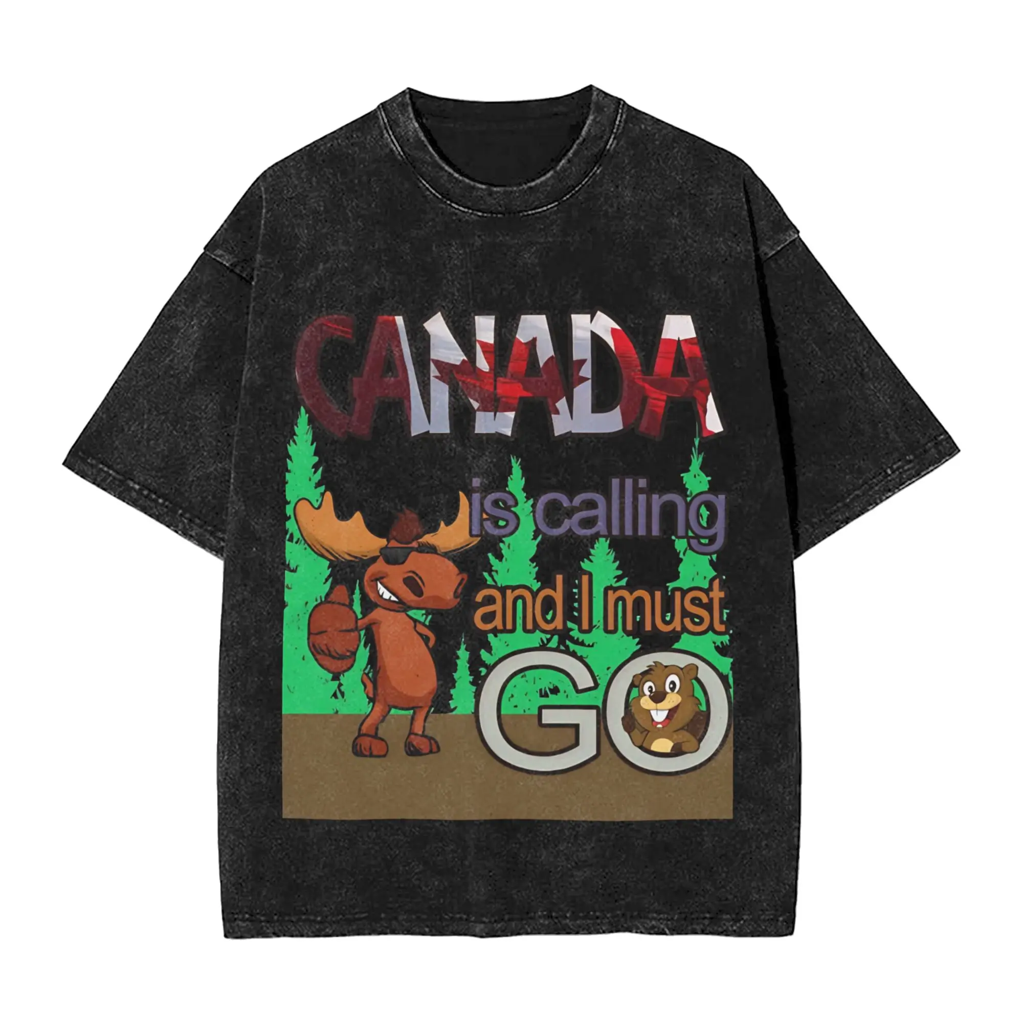 Graphic Printed  Funny Canada Is Calling and I Must Go Flag  Washed T Shirt Merch Oversize T-Shirt  for Men Women Tee
