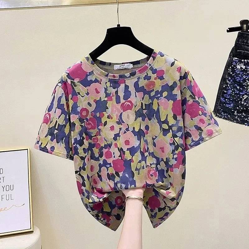 Khaki kwiatowy nadruk artystyczny vintage koszulka z krótkim rękawem z dekoltem w szpic bluzka damska koszula odzież damska topy modne bluzki lato 2025