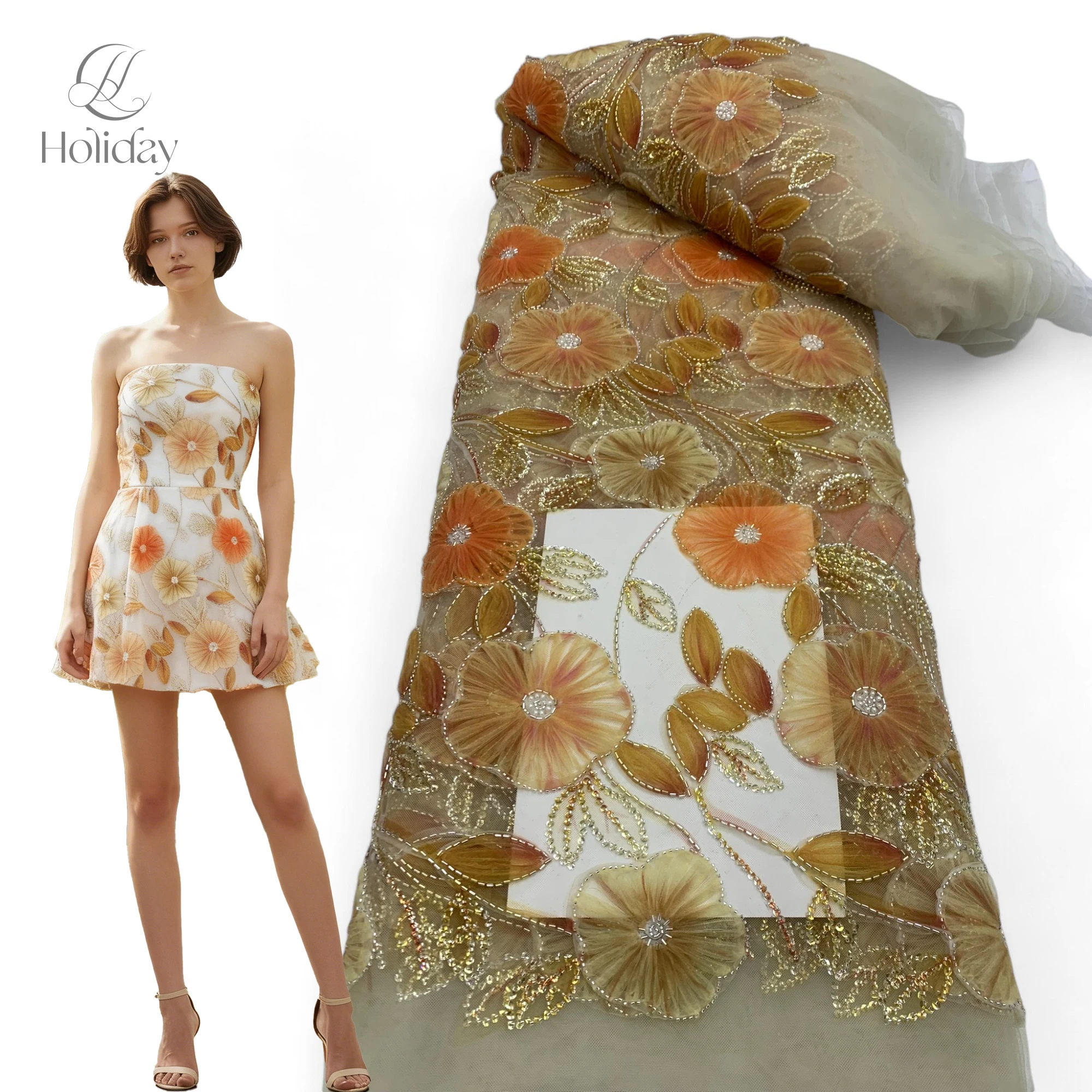 

African bead lace fabric, embroidered with French mesh, sequins, Nigerian lace, multi-color ribbon bead embroidery