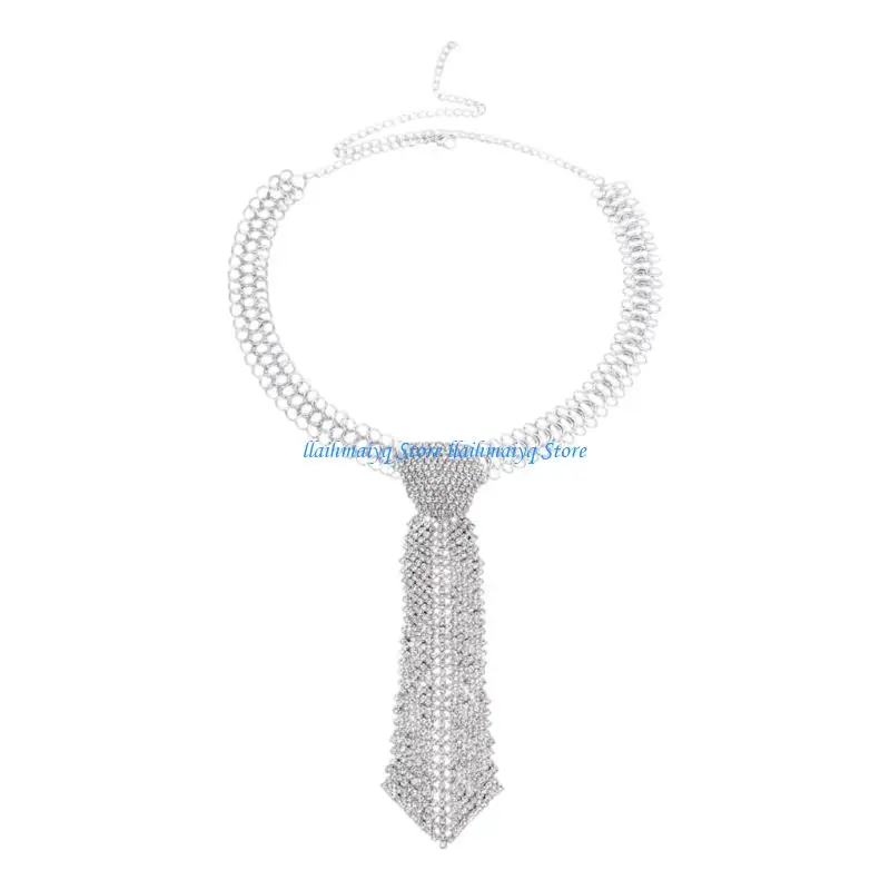 573B Sparkling Dress Tie With Glittering Rhinestones For Men And Women Punk Event Necklace Tie Decorative Neckpiece for Party