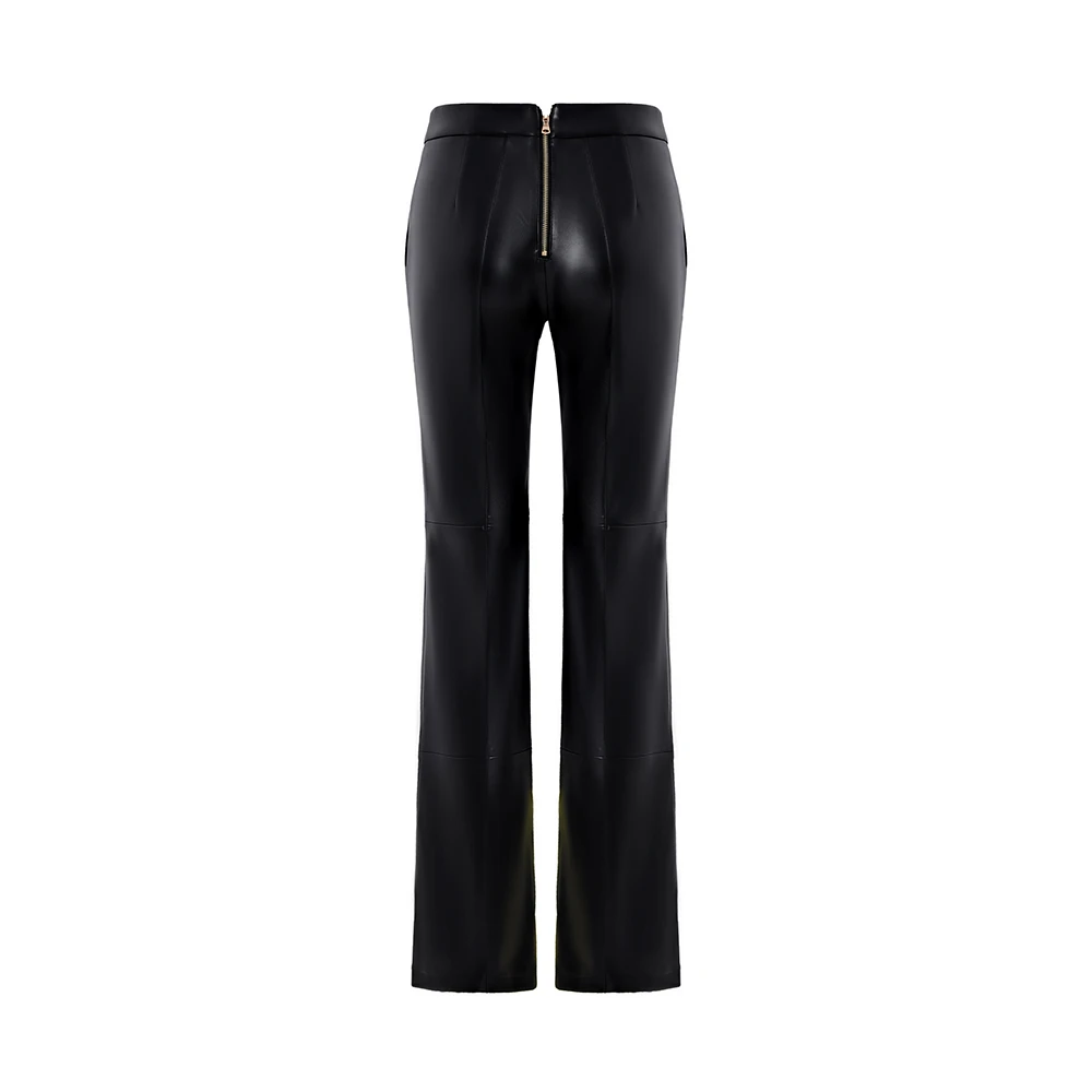 European American Women Winter Quality Women PU Leather Long Pants Gold Buttons Vinatge Classic Style All-matched Full Length