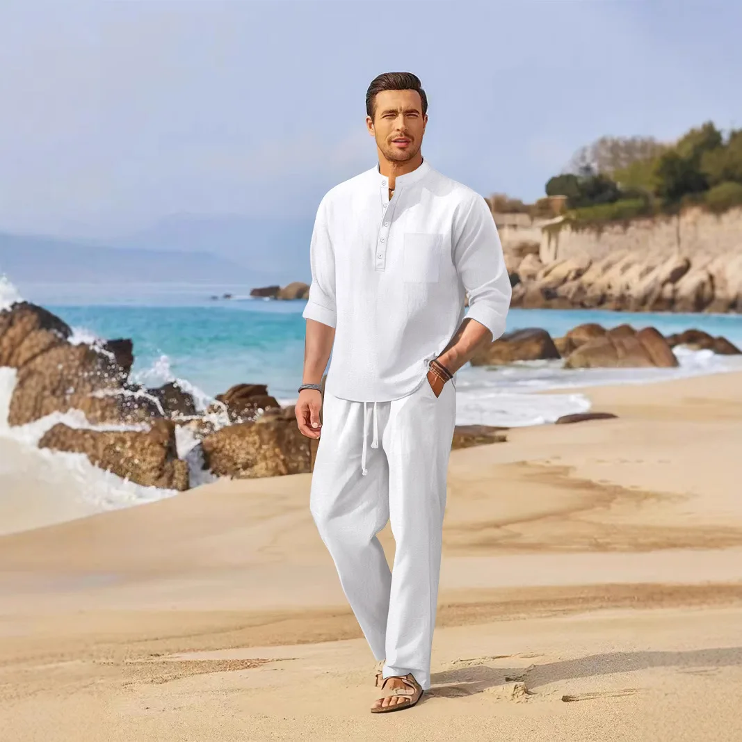 

New 2025 Men's Casual Loose Long Sve Pants Set Spring Summer Cotton 00% Comfortable Breathable Men's Cross-Border Clothing