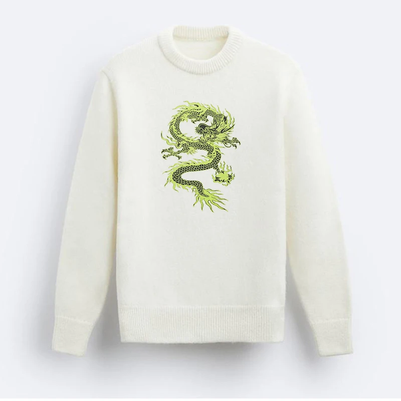 2024 Vintage Dragon Graphics Print White Knitted Sweater Man Winter Oversized Men's Casual Retro Pullover Women Jumper Sweater