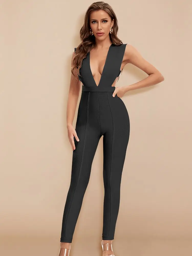 セクシーな黒包帯ジャンプスーツ女性冬クラブボディコンジャンプスーツ中空カットアウト 2025 ヌードロングパーティー XL V ボディスーツ