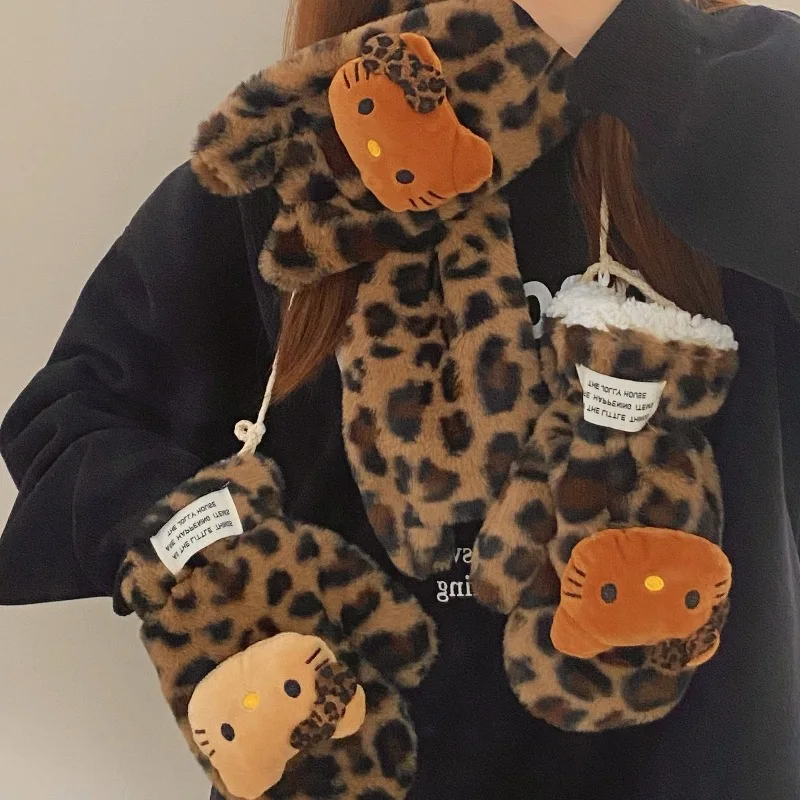 헬로키티 레오파드 프린트 플러시 스카프 장갑 세트 귀여운 야외 활동용 목걸이형 풀 핑거 장갑 방풍 보온