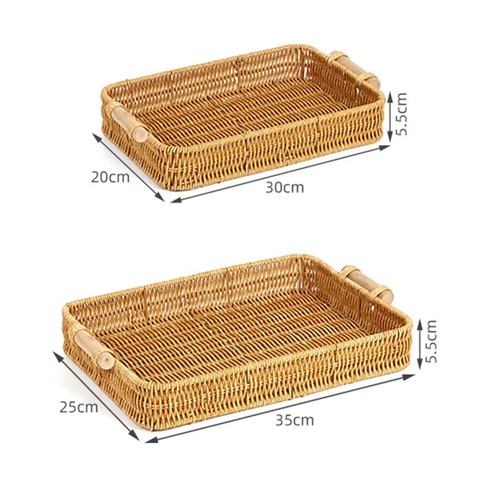 1Pcs Breakfast Bread Food Handwoven Rattan Basket Fruit Vegetable Cake Wicker Round Shape Storage Tray With Handle Food Plate