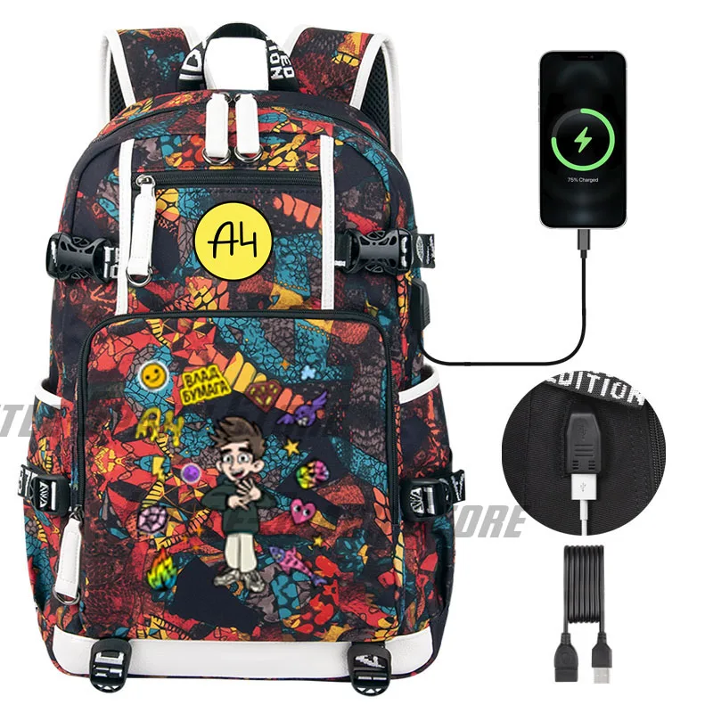 New Cartoon Риви Влад a4 ​USB Boy Girl Book School Bag Large Capacity Teenagers Student Schoolbags Women Men Backpack