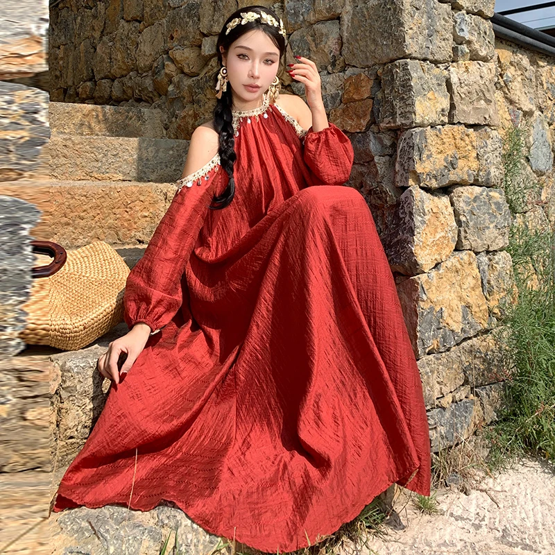 

Bohemian Vacation Red Patchwork Lace Off-the-shoulder Tea Break Dress Loose-fitting Ruffled Maxi Dress For Women Summer Desert