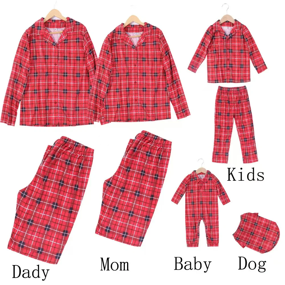 New 2024 Christmas Family Look Plaid Print Mom Dad Kids Matching Pajamas Set Baby Dog Romper Boys Girls Clothes Warm Soft Pyjama