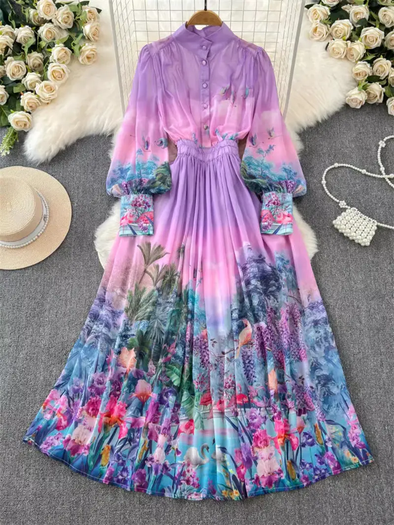 Court Style Dress For Women Design Printed Elastic Waistband Long Chiffon Vacation Dress Temperament Spring 2024 Fashion K184