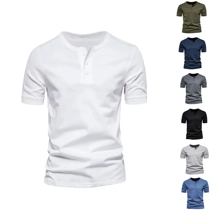 Men Button Slim T-shirts Casual Male Sporty Round Collar Short Sleeve Solid Color Tee Shirt Tops CBFS-23005