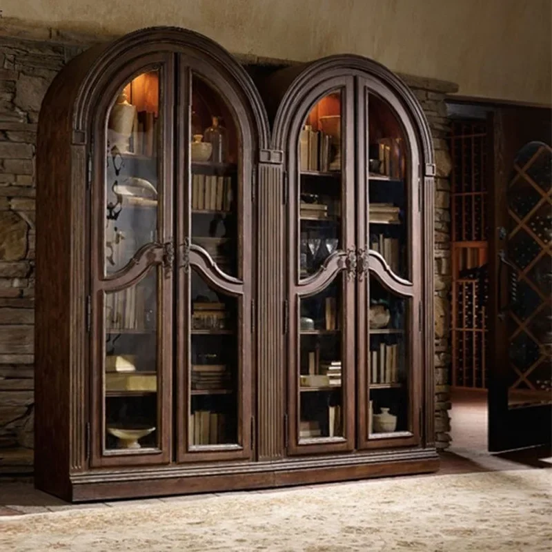 

Nordic solid wood bookcase, medieval furniture American living room storage retro wine cabinet