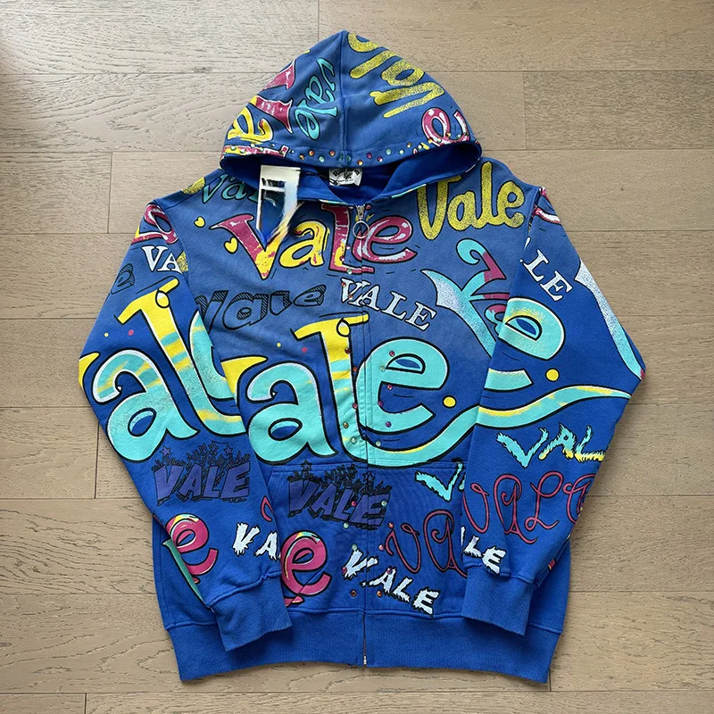 VALE FOREVER Vintage American Style Distressed Zip Hoodie Letter Logo Print High Street Casual Hooded Cardigan
