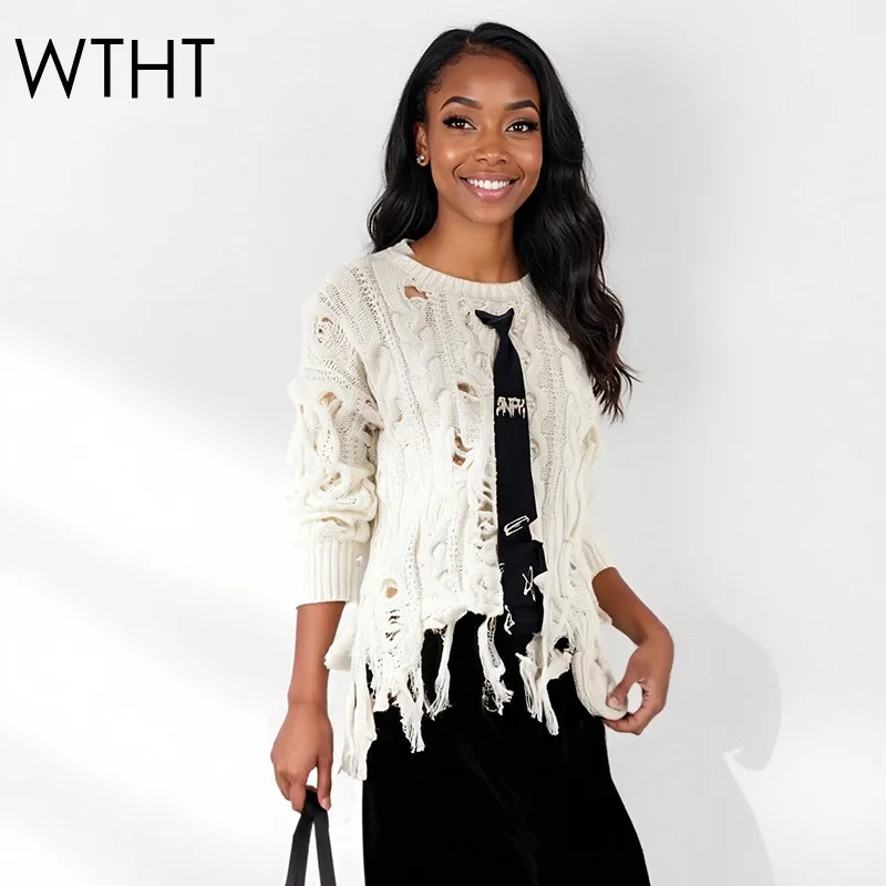 

WTHT Fashion New Women's Tie Design Hole Loose Knit Sweater 2025 Autumn O-neck Long Sleeve Pullovers Female 1LS2342
