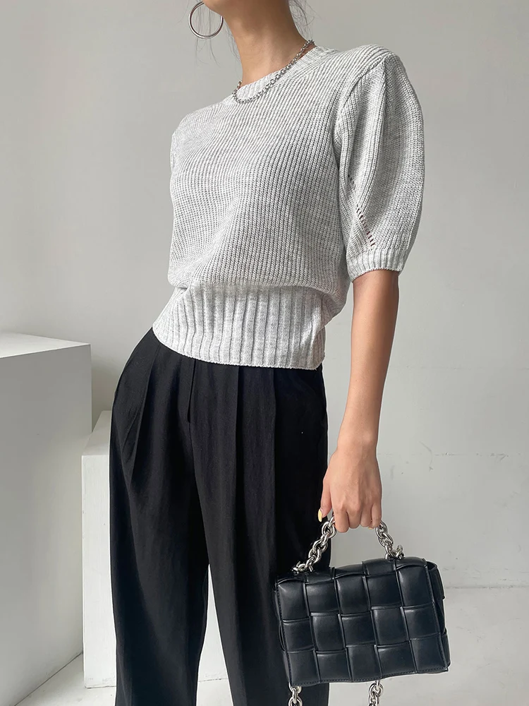 Short Sleeve Cashmere Women Knitted Sweater 2024 Autumn Blue Gray Or Black O-Neck Tops Pullover Clothing Knitwear