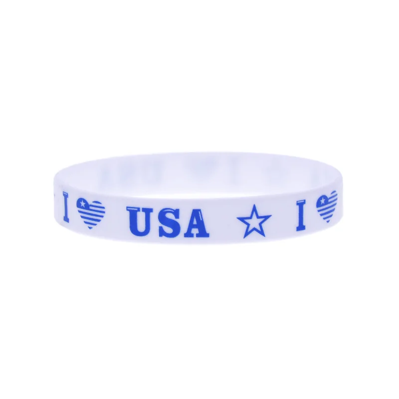 50 Stück bedruckte Armbänder mit Sternen-Flaggen-Logo „I Love USA“, Silikonarmband, Gedenkaccessoire zum 4. Juli, Handarmband – Detail 5