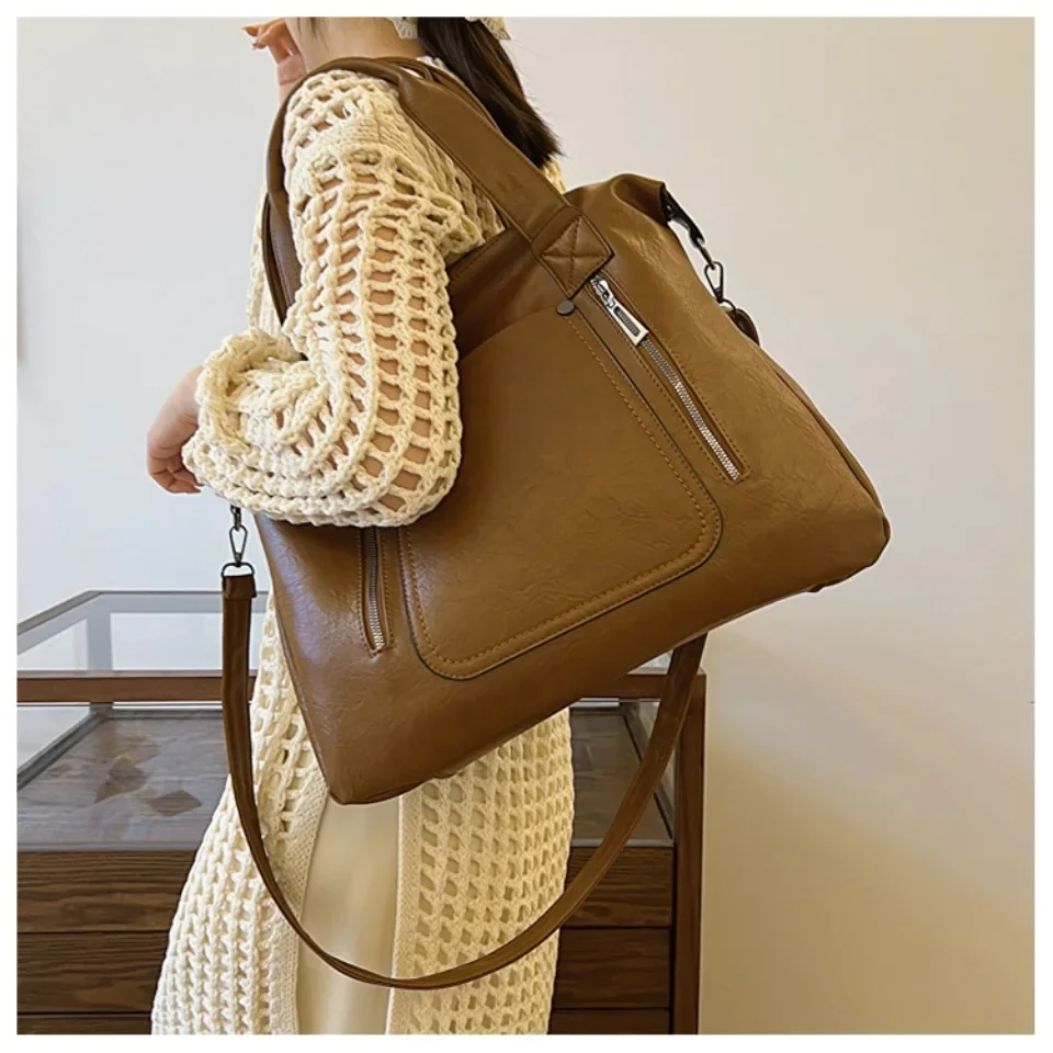 High-capacity Casual Durable Solid Color Tote Women Bag PU Leather Casual Totes Designer Vintage Handbags Simple Female Packages