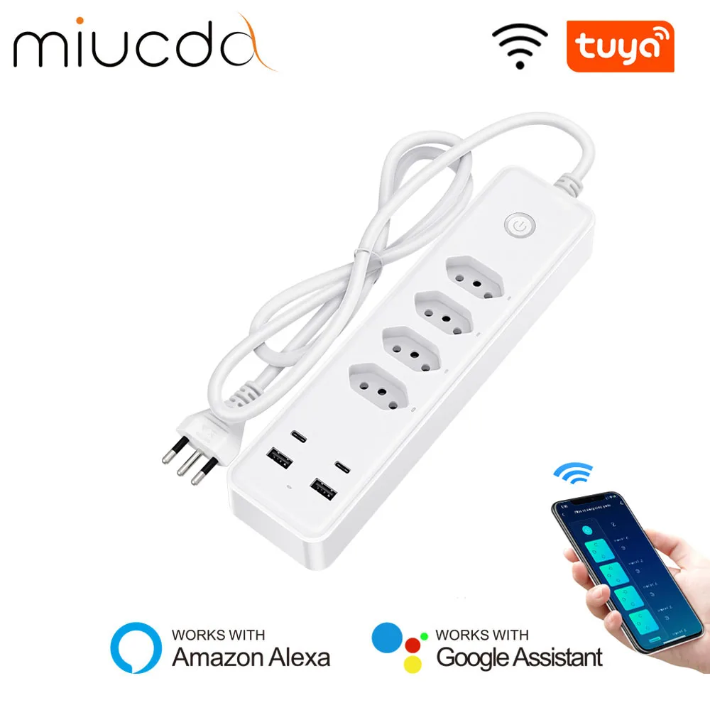 MIUCDA Tuya WiFi Smart Socket Brazil Standard Multi Plug Power Strip z 4 gniazdami 2 USB 2 Type C Współpracuje z Alexa Google Home