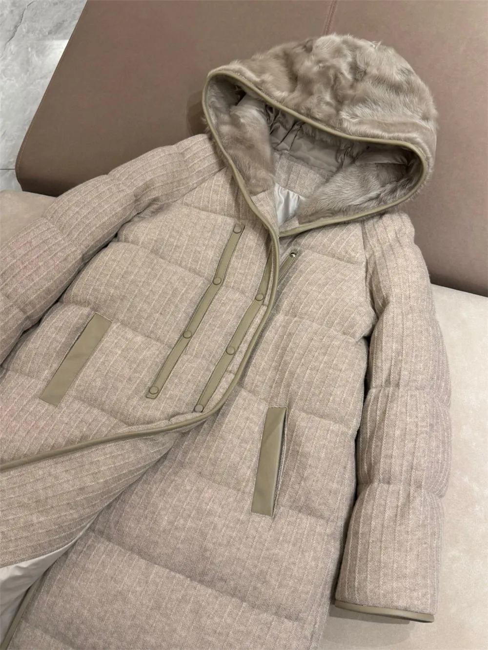 High-Quality Women's Hooded Goose Down Jacket Cashmere Knitted Fabric Warm Imported Lamb Wool Long Coat