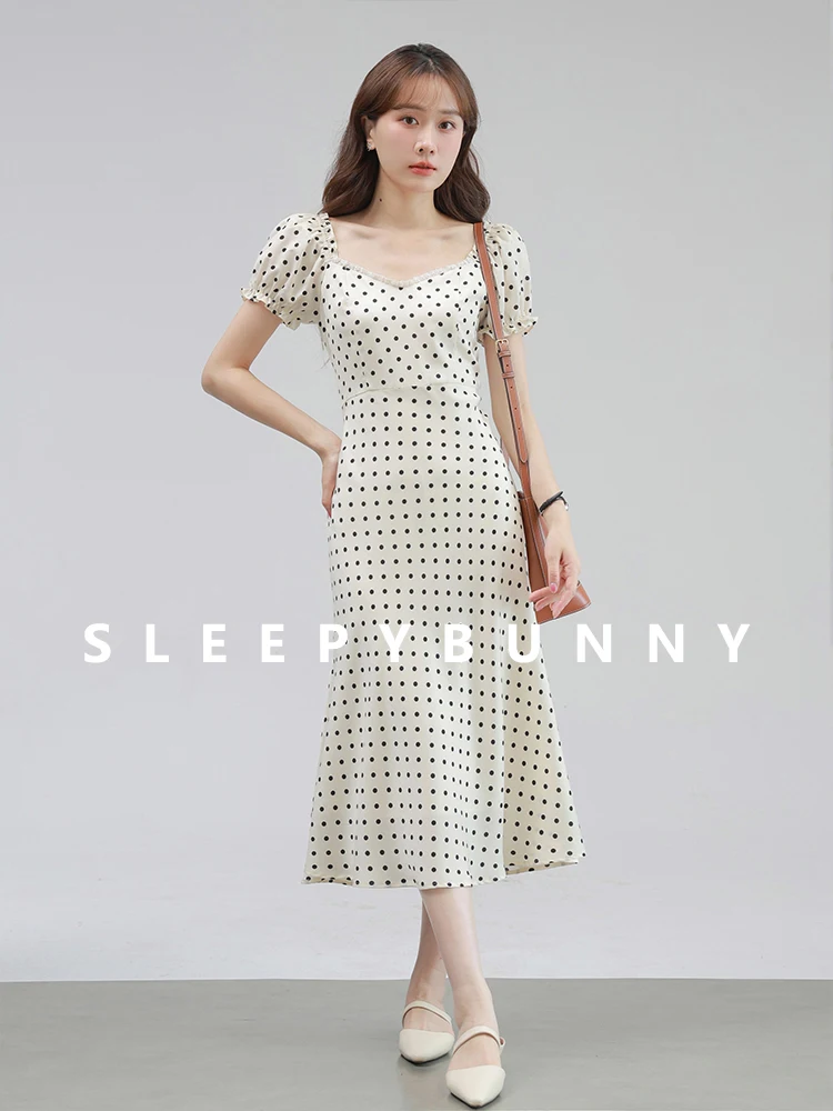 

Elegant Polka Dot Dress Women Slim Fit Puff Sleeve Mermaid Midi Dress French Style Short Sleeve Square Neck Waist Cinched Outfit