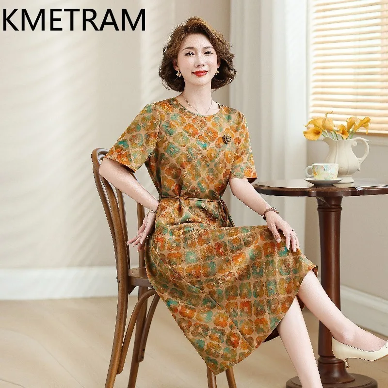 KMETRAM 100% Mulberry Silk Xiangyunsha Dress Woman 2026 Summer Retro Slimming Printed Middle-aged Short-sleeved Dress Ropa Mujer