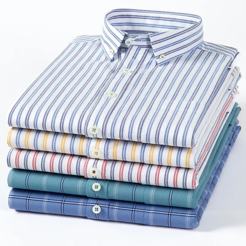 2023 Nieuwe Puur Katoenen Oxford Mannen Gestreepte Geruite Shirts Mannelijke Casual Hoge Kwaliteit Lange Mouw Shirt Voor Mannen Knoop Business Shirt