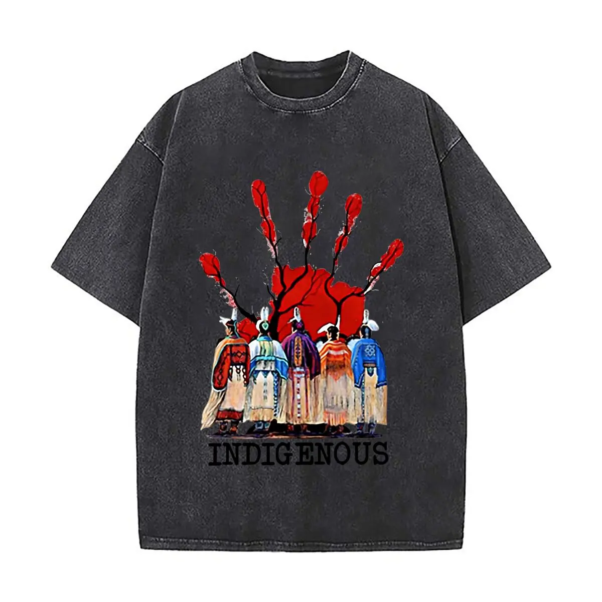 Indigenous Handprint Tribal Washed Distressed Loose Streetwear Tops for City Walks