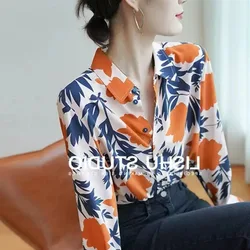 Women's Korean Fashion Floral Printed Button Up Shirt Office Lady Luxury Chic Commute Blouse Long Sleeve Loose Tops Blusas Mujer