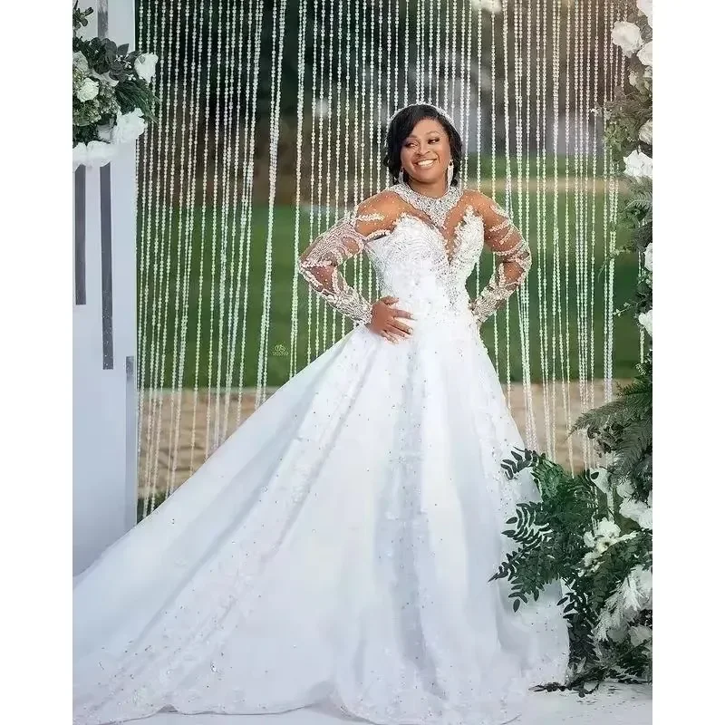 تخصيص الدانتيل الأفريقي الترتر أحجار الراين مزين كم طويل اليدوية مخصص فستان الزفاف العروس الكرة ثوب