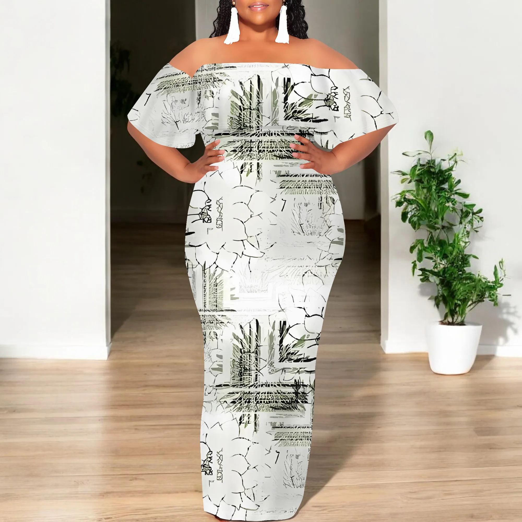 

EQQZD Standard Size Off-the-Shoulder Maxi Dress, Vintage Patchwork Pattern Print Bodycon Dress